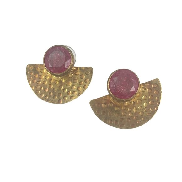 Hammered Brass Ruby Gemstone Statement Earrings - Picture 6 of 6